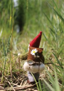 Sprookjesfiguur kabouter Foy in zeeland lopend door het riet